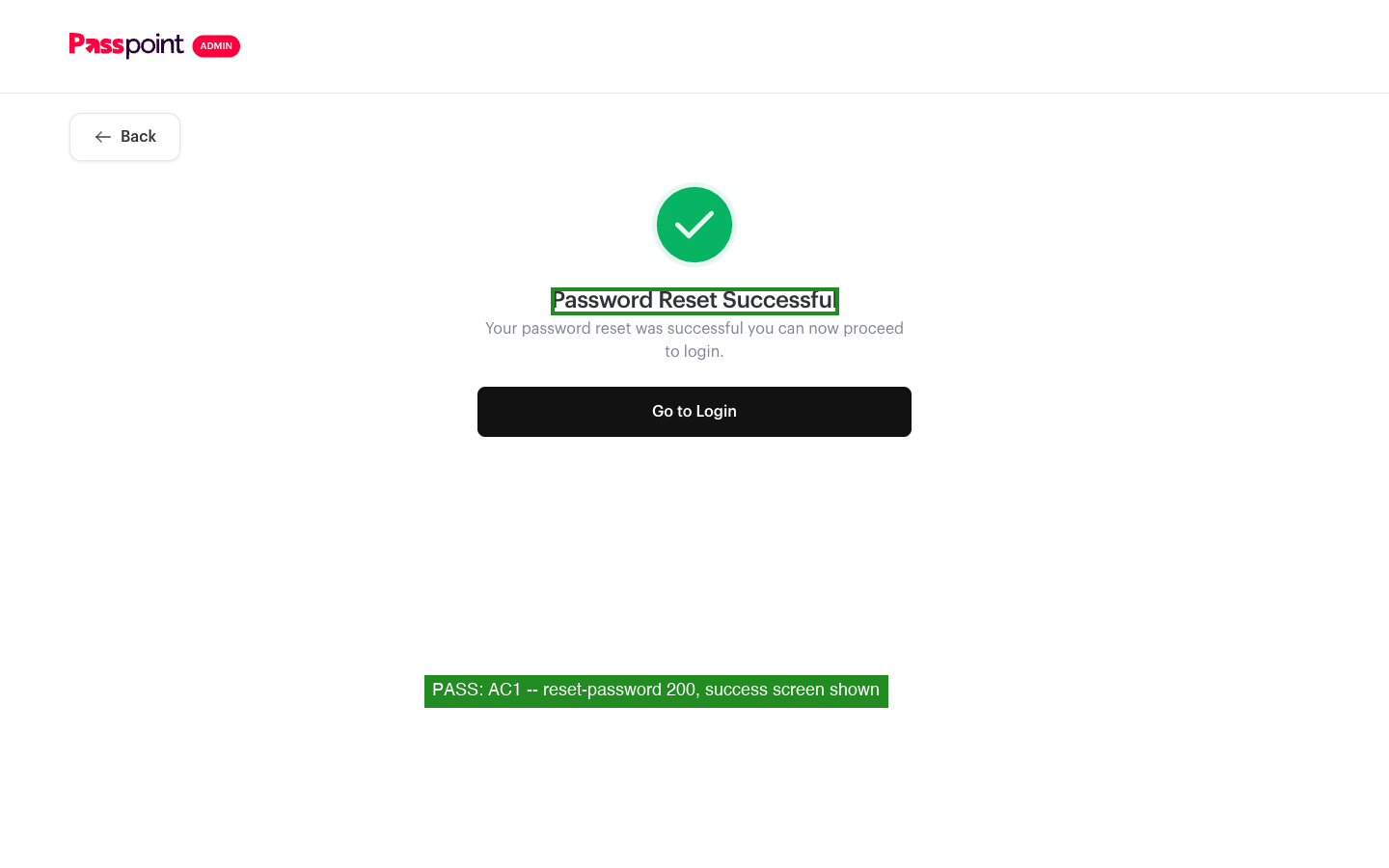 Reset success screen