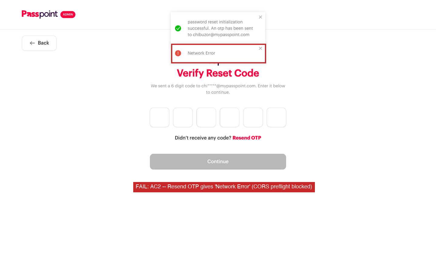 Resend OTP network error