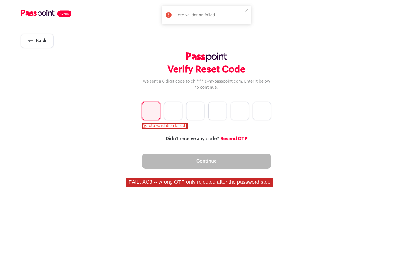 OTP validation failed after password step